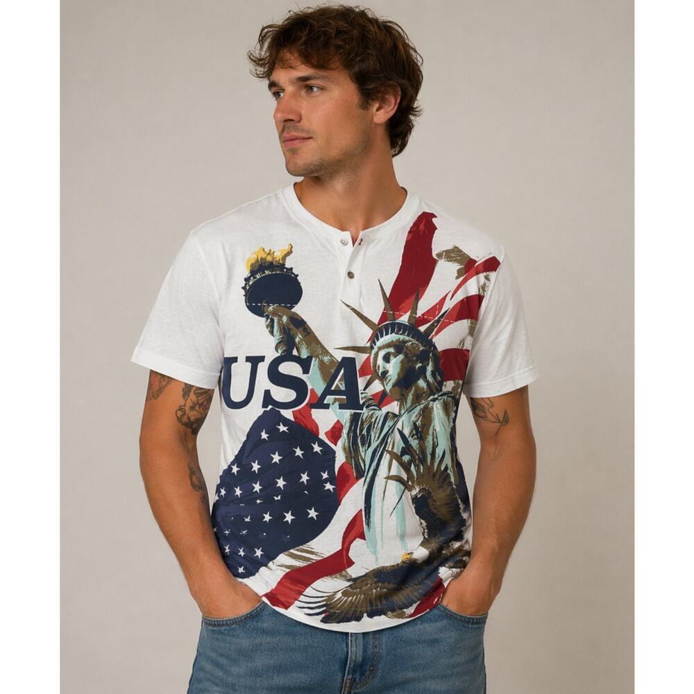 American Legacy USA Patriotic Henley T-Shirt - Statue of Liberty, Eagle & Flag